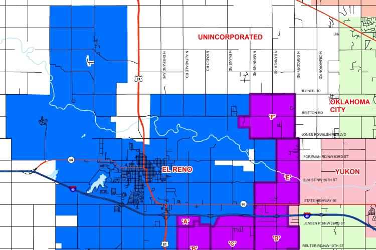 This colored graphic shows the newly released city of El Reno expansion plan and the designated zones