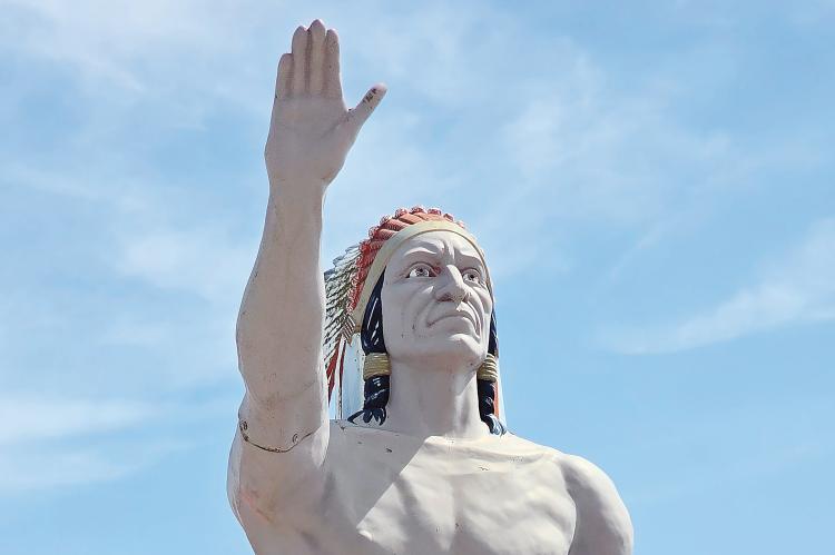 This June photo shows the statue in front of a business