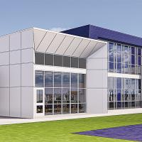 Pictured is a field-view rendering of the new multi-sport building