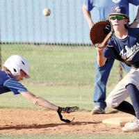 Coy Atkins eyes a pickoff throw as Peter Woods dives back into the bag