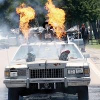 The Zombie shoots flames out of pipes in the hood