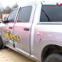 The damaged truck driven by Canadian County Sheriff’s Deputy Jose Tayahua-Mendoza