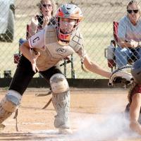Breck Bowers looks up after tagging out a Vici runner