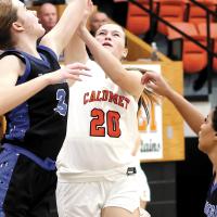Brenlee Voss gets fouled while shooting a basket in the paint