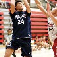 Carter Roman Nose shoots a baseline jumper over the top of a Yukon defender