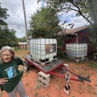 Belinda Smith talks about her 275-gallon water tank donated by neighbors at her rented house