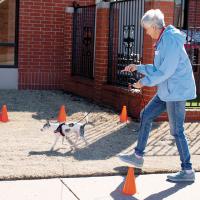 Chris Locke works with her dog, Bandit outside Wesley Methodist Church