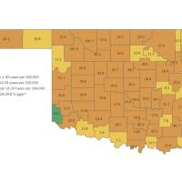 The COVID-19 alert map provided by the Oklahoma Department of Health