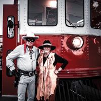 The Lone Ranger (David Hodgkinson) and Belle Starr (Vicki Proctor) prepare to board the Haunted Trolley