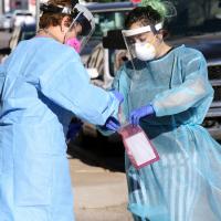 Debbie Maguire places swabs into a collection bag held by Angi Thompson