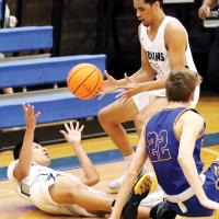 EHS boys basketball_RomanNose tosses the ball