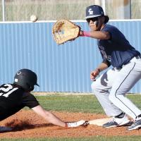 Hernan Blanco eyes a pickoff throw into his glove while playing first base
