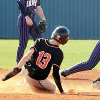 Kyson Jenkins tries to block a low pickoff throw as Hunter Mayfield slides into the bag