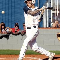 Vincent Walker fouls a pitch off his foot
