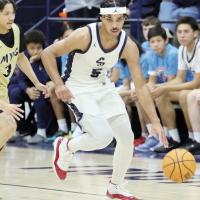 Jacob Nichols dribbles up the court