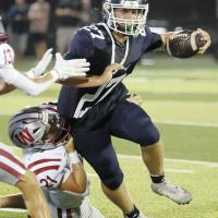Grant First (27) spins away and out of a tackle by a Weatherford defender en route to a 10-yard run
