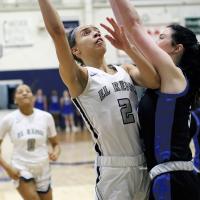 Ashlyn Evans-Thompson uses her arm to screen off a Guthrie defender