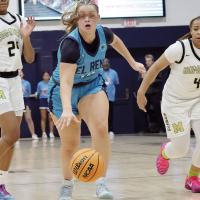 Layni Wright dribbles through two Midwest City players