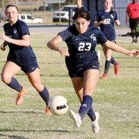 Leslie Valdez fires a left-footed shot toward the goal