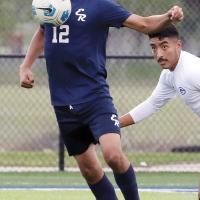 Juan Fraire uses his chest to knock down a pass near the Indians goal