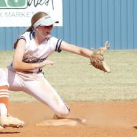 Maddie Moss rushes in to cover second base as a Guymon runner tries to get back to the bag