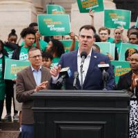 Kevin Stitt talks to the crowd at a recent education rally