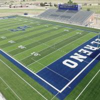 Aerial view shows the new turf, surrounding walkway and part of the fencing