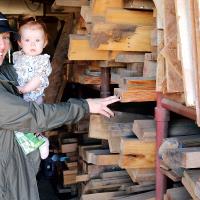 Sarah Mehan holds Sawyer Sue Cole while looking over the stacks of wood