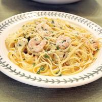 A plate full of the shrimp and artichoke linguine