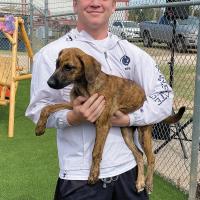 Hunter Myers holding pup Connor