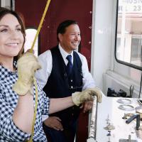 Joy Hofmeister drives the trolley through downtown El Reno with conductor Fred Koebrick