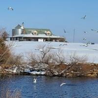 The Crimson Creek Golf Course clubhouse stands out in the snow