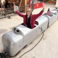 Lea Barker Ervin showing off the vintage train ride that was in Legion Park