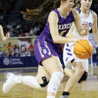 Okarche’s Rachel McDowell dribbles past a defender
