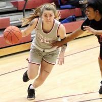 Amaia Maxwell dribbles through a hand-check