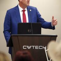 Kevin Stitt talks at an El Reno Chamber event