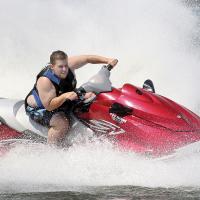 Chrys Cofran makes a hard turn on his watercraft