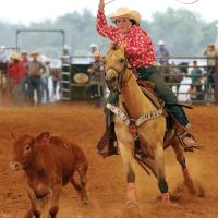 A contestant competes in a roping event at the 2024 El Reno Wranglers Open Rodeo
