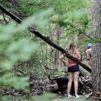 Anika Drew and Nicholas Stone look at the spot they first set up their tent