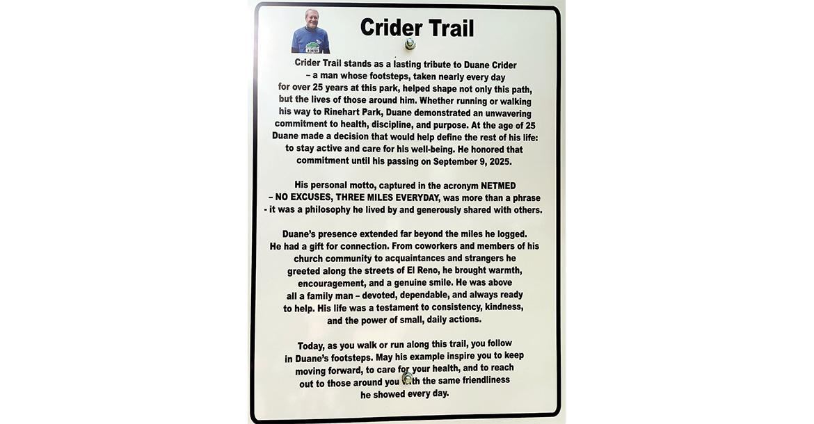 This is the sign for Crider Trail, placed in honor of longtime El Reno resident Duane Crider_slideshow