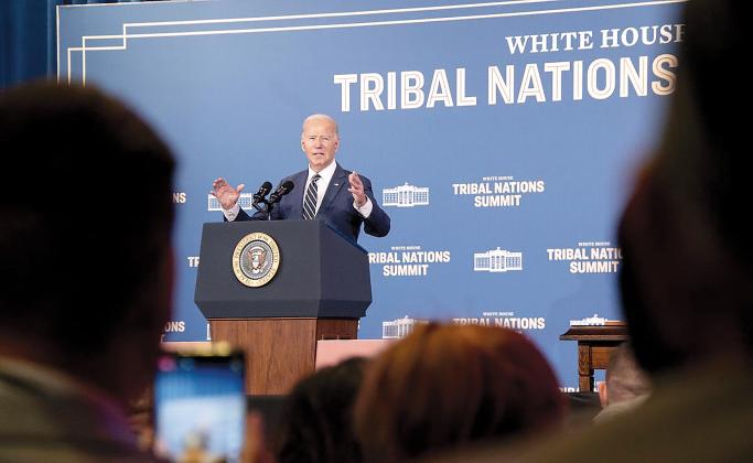 President Joe Biden speaks to the crowd at the 2023 White House Tribal Nations Summit