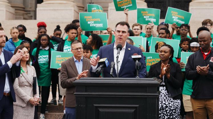 Kevin Stitt talks to the crowd at a recent education rally