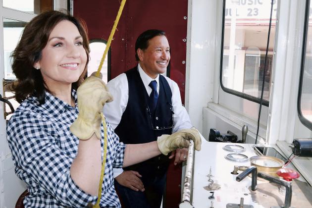 Joy Hofmeister drives the trolley through downtown El Reno with conductor Fred Koebrick