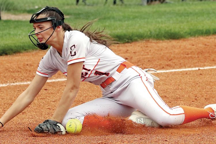  Andrea Lock has the ball bounce out of her glove after hitting the ground