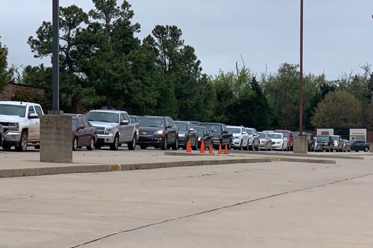 A line of cars at the pod testing site