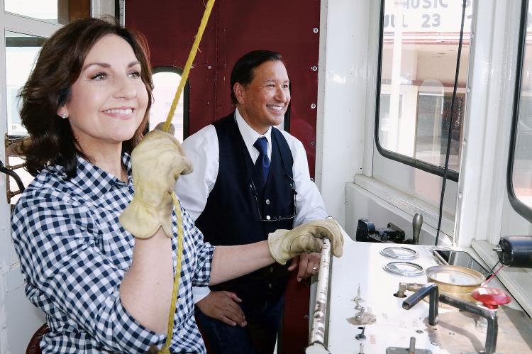Joy Hofmeister drives the trolley through downtown El Reno with conductor Fred Koebrick